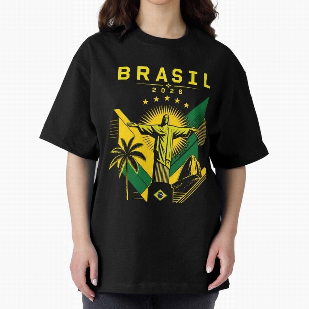 Brasil 2026 Christ the Redeemer Rio Oversized T-Shirt Honor the Football Icons of FIFA World Cup 2026 USA Canada Mexico for Fans of CR7 and Messi and Spain, Bringing Match Day Excitement, Supporter Culture, Golden Goals and Global Football Passion;