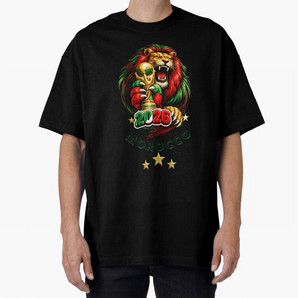 Moroccan Lion World Cup 2026 Design Oversized T-Shirt Turn Up for Match Day Hype around FIFA World Cup 2026, Messi, Neymar and Mbappe, France and Portugal, Football Passion, Legendary Performances, Festival Vibes and Supporter Community; Made for