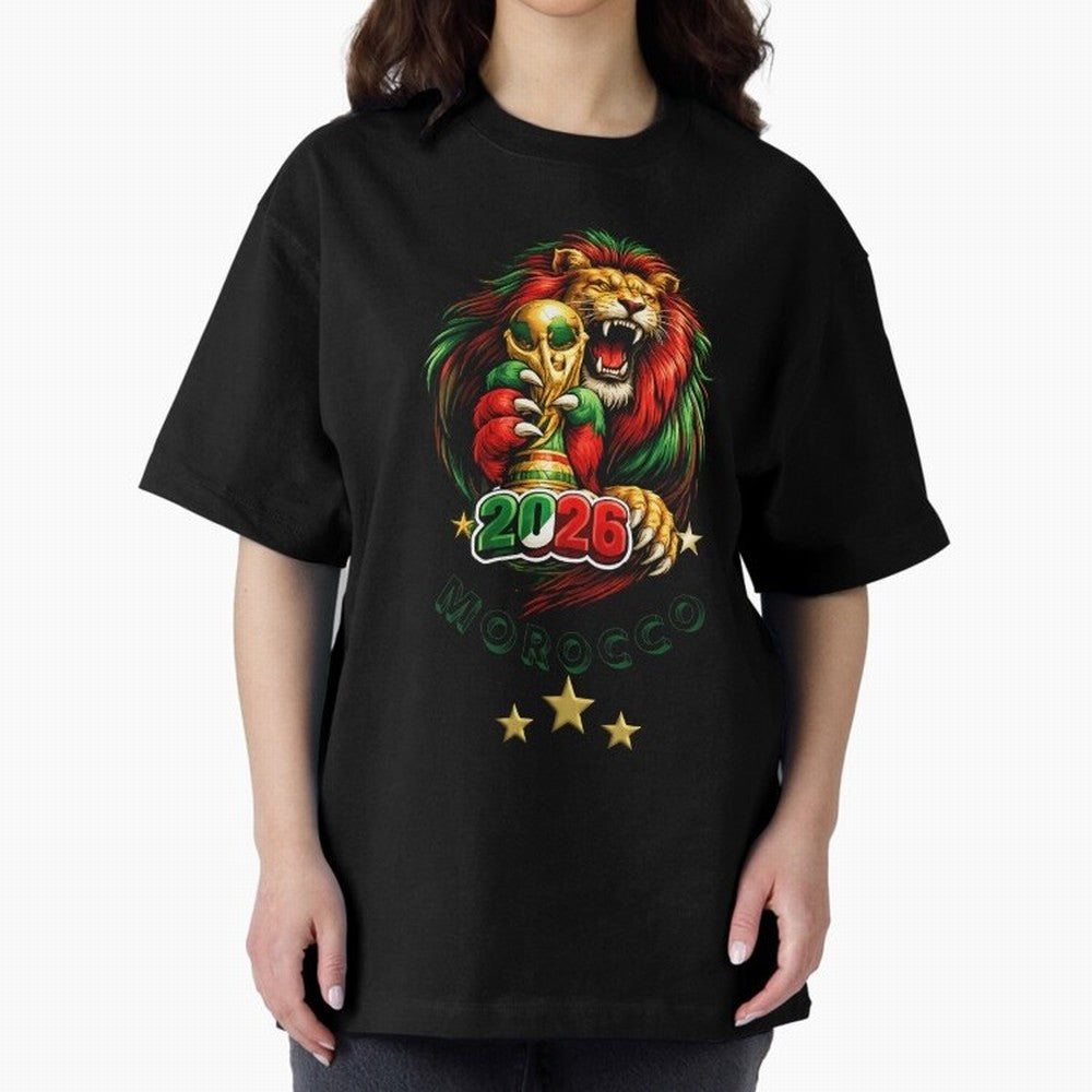 Moroccan Lion World Cup 2026 Design Oversized T-Shirt Turn Up for Match Day Hype around FIFA World Cup 2026, Messi, Neymar and Mbappe, France and Portugal, Football Passion, Legendary Performances, Festival Vibes and Supporter Community; Made for