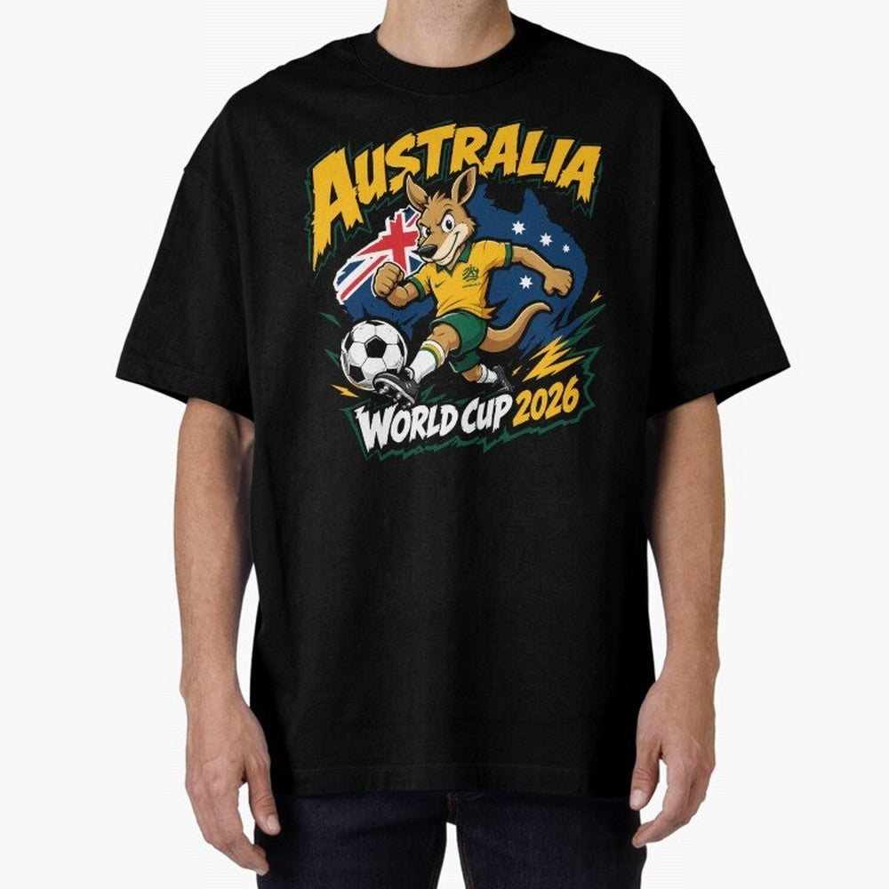 Australia World Cup 2026 Kangaroo Soccer Fan Art Oversized T-Shirt Join the Countdown to the FIFA World Cup 2026 Journey through Haaland and Mbappe Highlights, Spain Pride, Supporter Pride, Iconic Celebrations, Legendary Names and Global Match Day