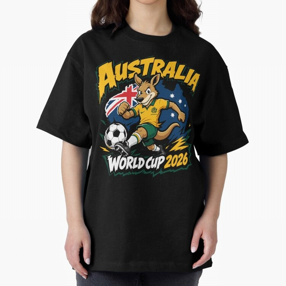 Australia World Cup 2026 Kangaroo Soccer Fan Art Oversized T-Shirt Join the Countdown to the FIFA World Cup 2026 Journey through Haaland and Mbappe Highlights, Spain Pride, Supporter Pride, Iconic Celebrations, Legendary Names and Global Match Day