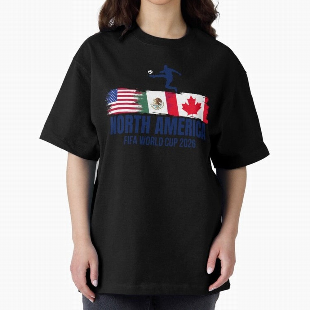 2026 North America Soccer World Tour - USA Mexico Canada Oversized T-Shirt Showcase the FIFA World Cup 2026 Group Stage Journey through Haaland and Mbappe Highlights, Brazil, Portugal and Argentina Pride, Stadium Chants, National Pride, Trophy