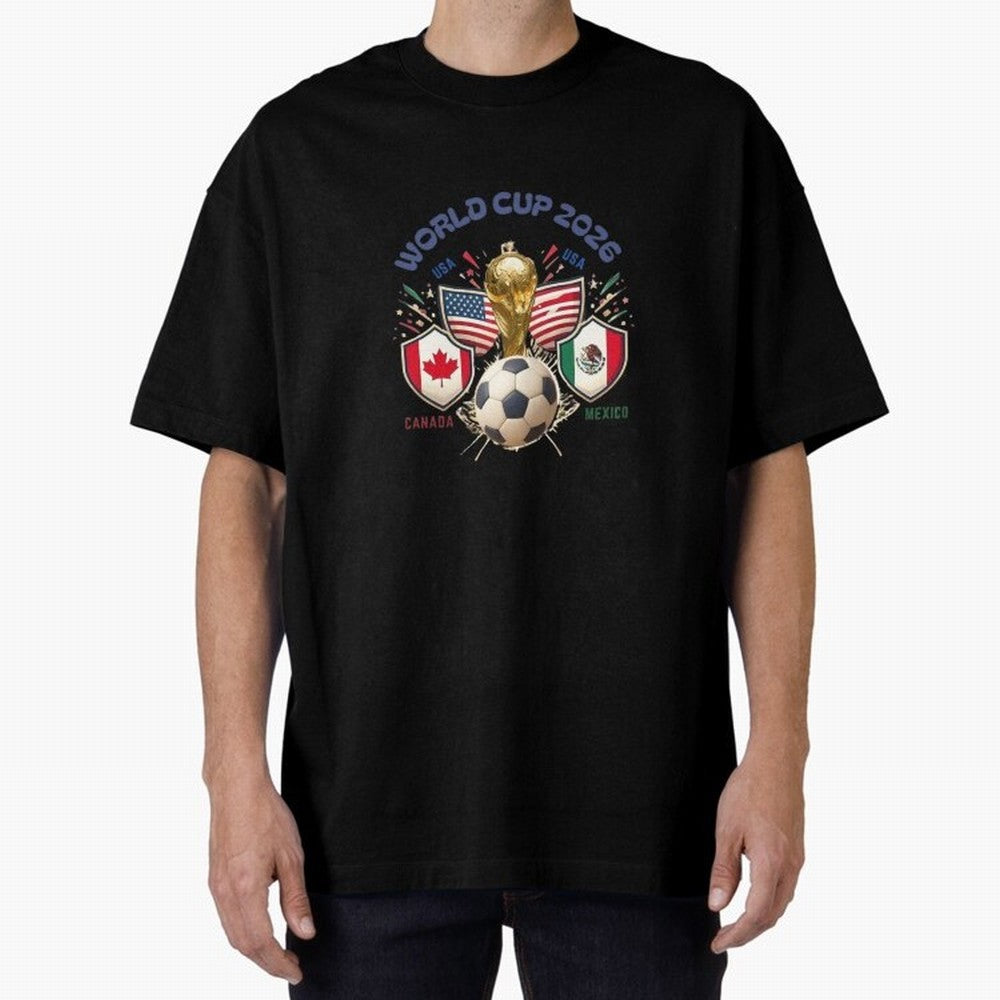 World Cup 2026 Host Nations Crest Oversized T-Shirt Celebrate Every Goal in FIFA World Cup 2026 USA Canada Mexico Spirit, Featuring Spain, Haaland and Mbappe, Supporter Pride, Iconic Celebrations, Legendary Names and Global Match Day Energy; Great