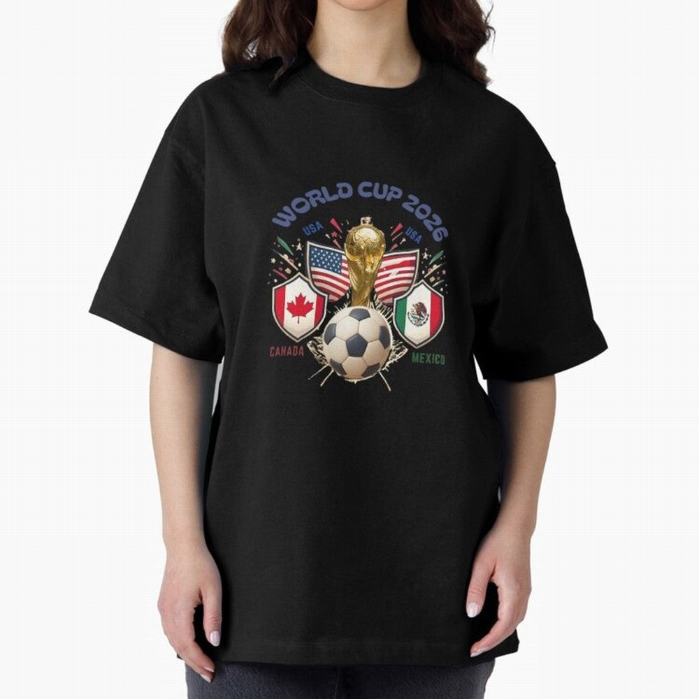 World Cup 2026 Host Nations Crest Oversized T-Shirt Celebrate Every Goal in FIFA World Cup 2026 USA Canada Mexico Spirit, Featuring Spain, Haaland and Mbappe, Supporter Pride, Iconic Celebrations, Legendary Names and Global Match Day Energy; Great