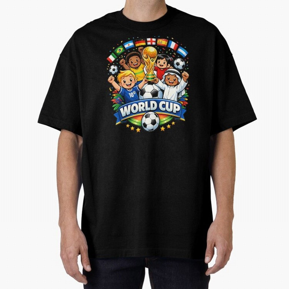 World Cup Football Oversized T-Shirt Feel International Energy from Global Football Passion for FIFA World Cup 2026 Group Stage, Highlighting Messi, Neymar and Mbappe, Brazil, Champion Mindset, Group Stage Buzz, Knockout Tension and Passionate Fan