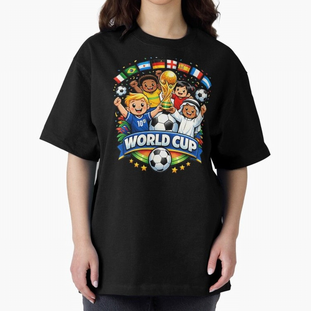 World Cup Football Oversized T-Shirt Feel International Energy from Global Football Passion for FIFA World Cup 2026 Group Stage, Highlighting Messi, Neymar and Mbappe, Brazil, Champion Mindset, Group Stage Buzz, Knockout Tension and Passionate Fan