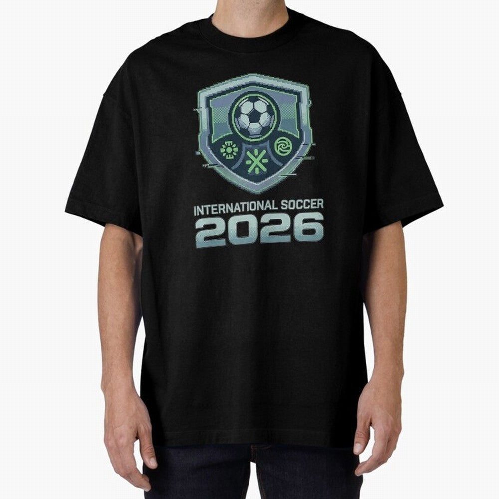 International Soccer 2026 Retro Pixel Glitch Crest Oversized T-Shirt Capture the FIFA World Cup 2026 Group Stage Journey through Neymar, Haaland and Cristiano Ronaldo Highlights, Portugal Pride, Stadium Chants, National Pride, Trophy Dreams and