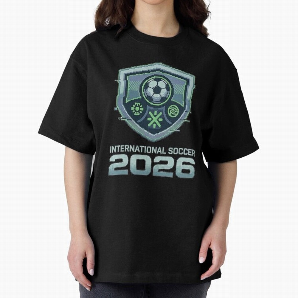 International Soccer 2026 Retro Pixel Glitch Crest Oversized T-Shirt Capture the FIFA World Cup 2026 Group Stage Journey through Neymar, Haaland and Cristiano Ronaldo Highlights, Portugal Pride, Stadium Chants, National Pride, Trophy Dreams and