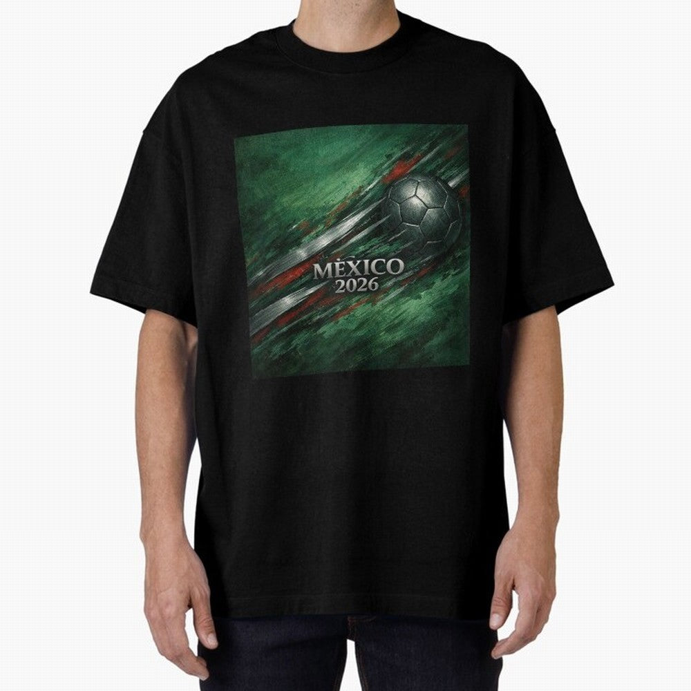 Mexico 2026 Football with Metallic Silver Line Oversized T-Shirt Share FIFA World Cup 2026 USA Canada Mexico Filled with Haaland and Mbappe, England, France and Netherlands Energy, Championship Spirit, Famous Goals, Roaring Crowds and International