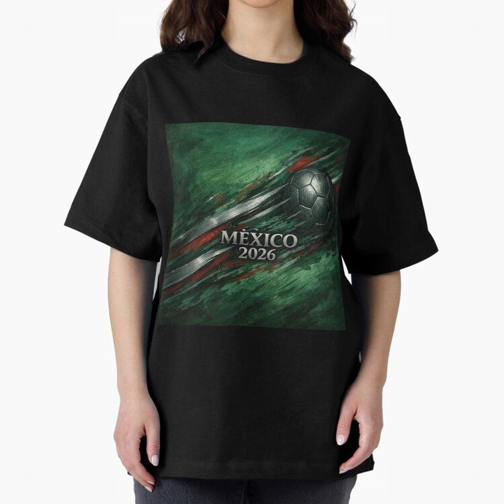 Mexico 2026 Football with Metallic Silver Line Oversized T-Shirt Share FIFA World Cup 2026 USA Canada Mexico Filled with Haaland and Mbappe, England, France and Netherlands Energy, Championship Spirit, Famous Goals, Roaring Crowds and International