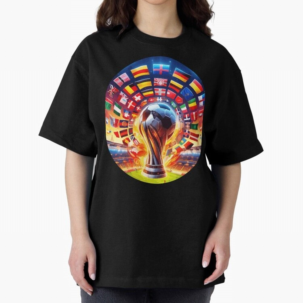 Global Football Fever (The Road to Victory) Oversized T-Shirt Bring Stadium Energy to FIFA World Cup 2026 Highlighting Messi, Brazil, Portugal and Argentina Energy, Championship Spirit, Famous Goals, Roaring Crowds and International Football Unity;