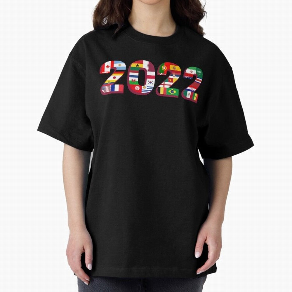 Flags of the 32 Teams that Played in Qatar in 2022 for Football Fans Oversized T-Shirt Bring Retro Soccer Energy to FIFA World Cup 2026 USA Canada Mexico Spirit, Connected to Spain and Netherlands, CR7, Tournament Hype, Historic Matchups, Family