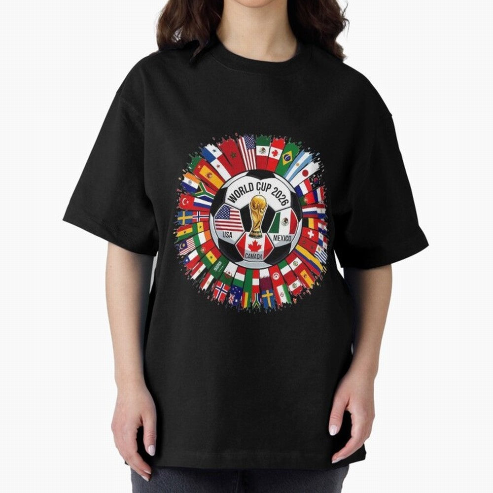 USA Canada Mexico 2026 Football Celebration Fan Art Oversized T-Shirt Enjoy the Biggest Football Party of FIFA World Cup 2026 Group Stage Filled with Messi, England Energy, Global Supporter Spirit, Legendary Goals, National Colors and Tournament