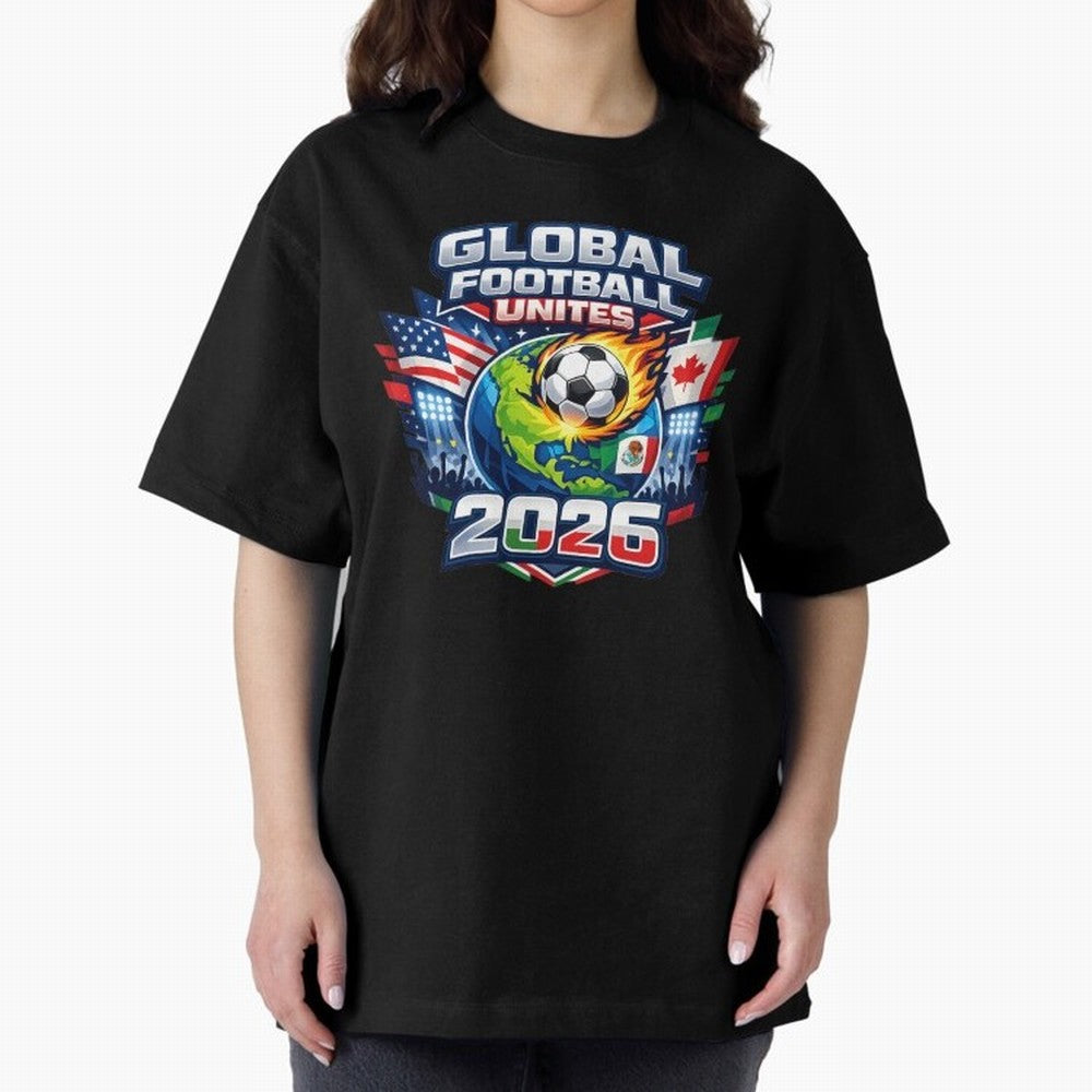 Global Football Unites 2026 USA Canada Mexico Oversized T-Shirt Remember Iconic Moments from the FIFA World Cup 2026 Group Stage Journey through CR7 Highlights, Brazil Pride, Tournament Hype, Historic Matchups, Family Viewing Parties and Global