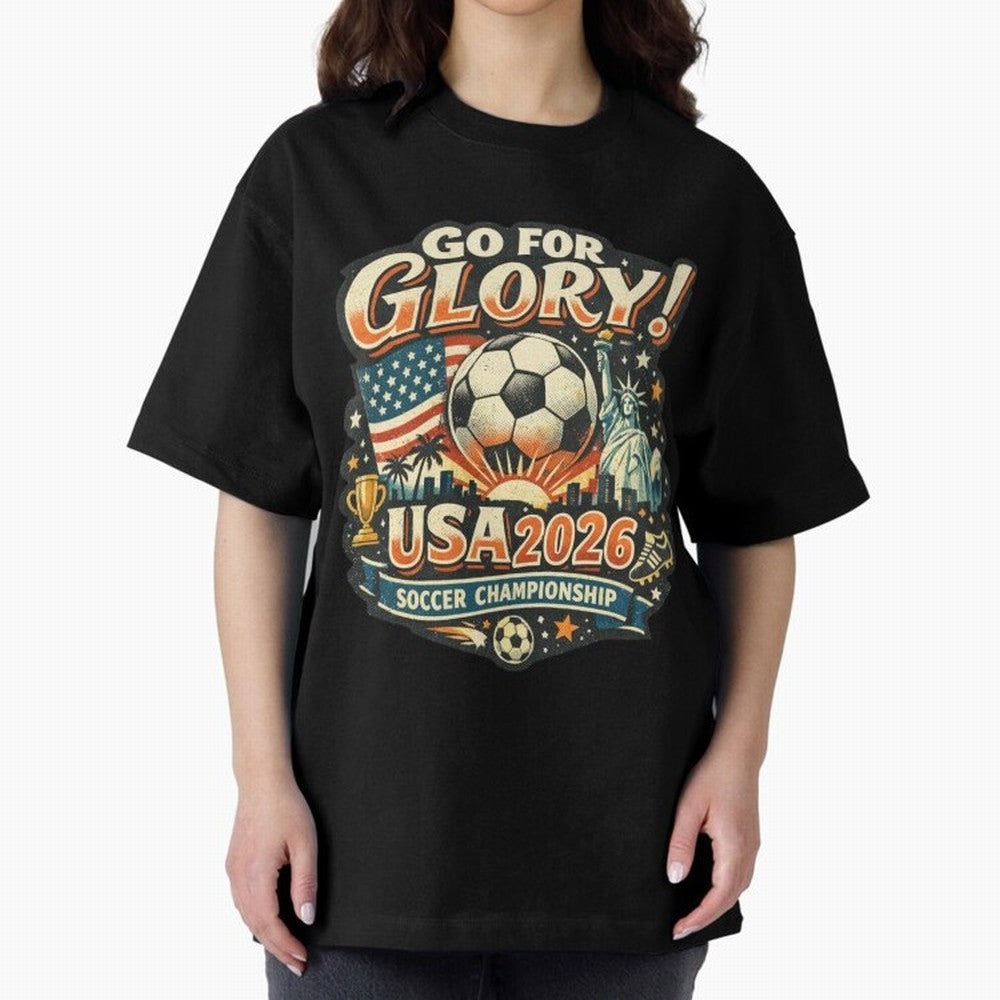 Soccer USA Oversized T-Shirt Represent Football Lovers during FIFA World Cup 2026 USA Canada Mexico for Fans of Mbappe and Brazil, Portugal and Argentina, Bringing Retro Football Energy, Iconic Rivalries, Trophy Chase Drama and Stadium Atmosphere;
