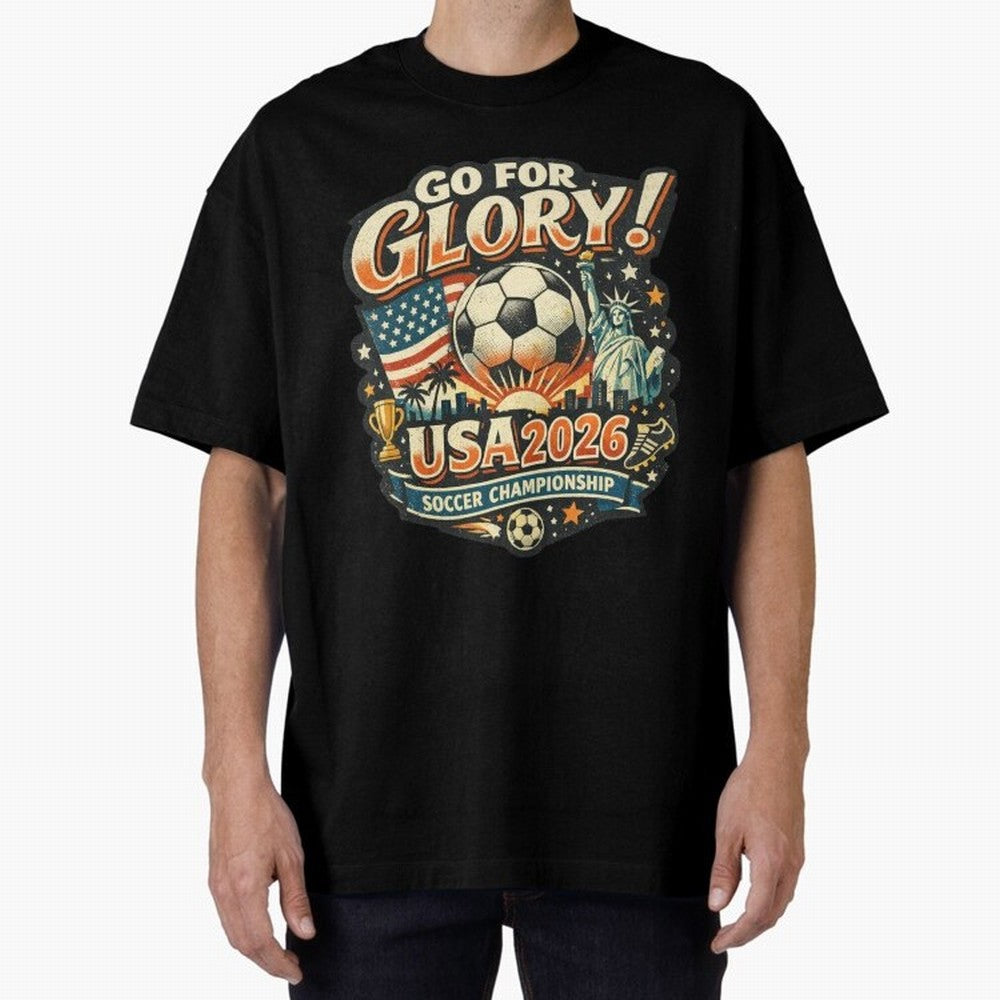Soccer USA Oversized T-Shirt Represent Football Lovers during FIFA World Cup 2026 USA Canada Mexico for Fans of Mbappe and Brazil, Portugal and Argentina, Bringing Retro Football Energy, Iconic Rivalries, Trophy Chase Drama and Stadium Atmosphere;