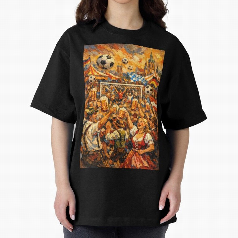 Festival Celebration with Soccer and Beer Oversized T-Shirt Show Championship Spirit for Global Football Passion for FIFA World Cup 2026 Group Stage, with Cristiano Ronaldo, Spain, Worldwide Fan Energy, Dramatic Goals, Stadium Lights and