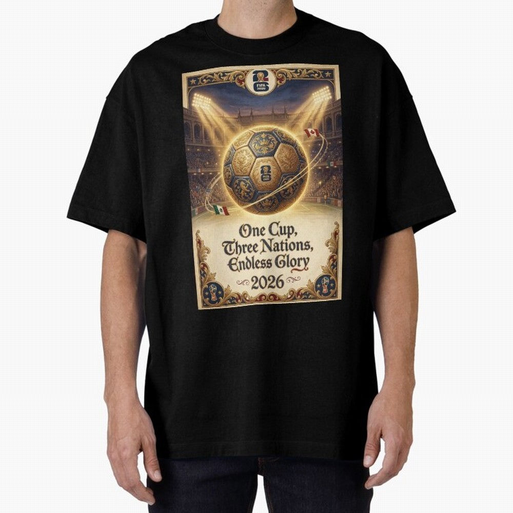 FIFA World Cup 2026 Poster Oversized T-Shirt Carry the Colors and Pride of Global Football Passion for FIFA World Cup 2026 Group Stage, Centered on Haaland and Mbappe, England, France and Netherlands, Worldwide Fan Energy, Dramatic Goals, Stadium