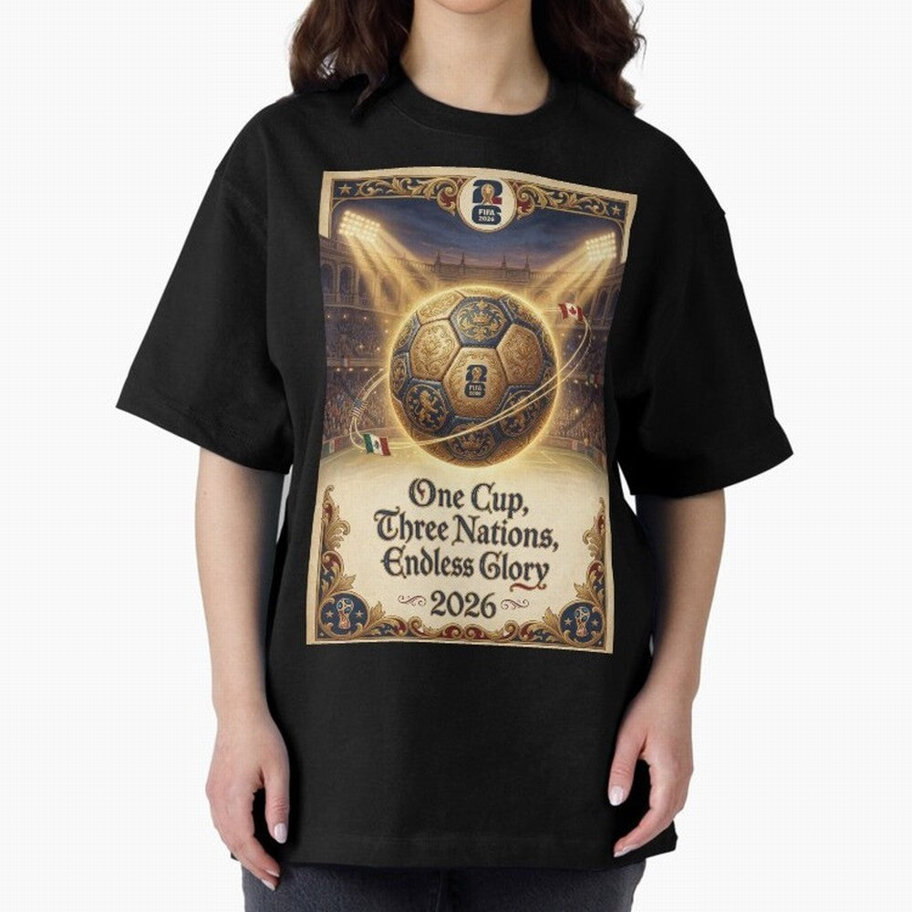 FIFA World Cup 2026 Poster Oversized T-Shirt Carry the Colors and Pride of Global Football Passion for FIFA World Cup 2026 Group Stage, Centered on Haaland and Mbappe, England, France and Netherlands, Worldwide Fan Energy, Dramatic Goals, Stadium