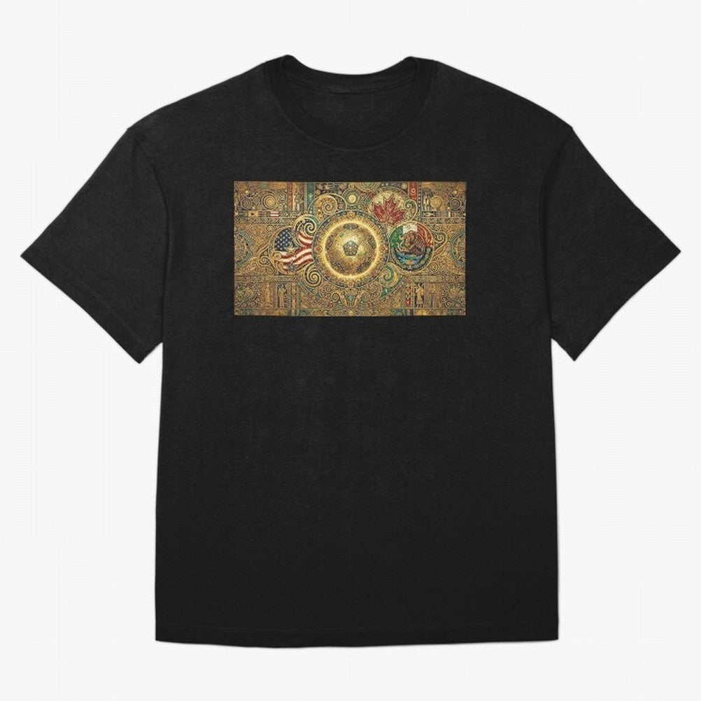 Ornate Soccer Emblem with Flags Oversized T-Shirt Showcase FIFA World Cup 2026 USA Canada Mexico for Fans of Mbappe and Neymar and Netherlands, Bringing Tournament Hype, Historic Matchups, Family Viewing Parties and Global Sports Pride; Perfect for