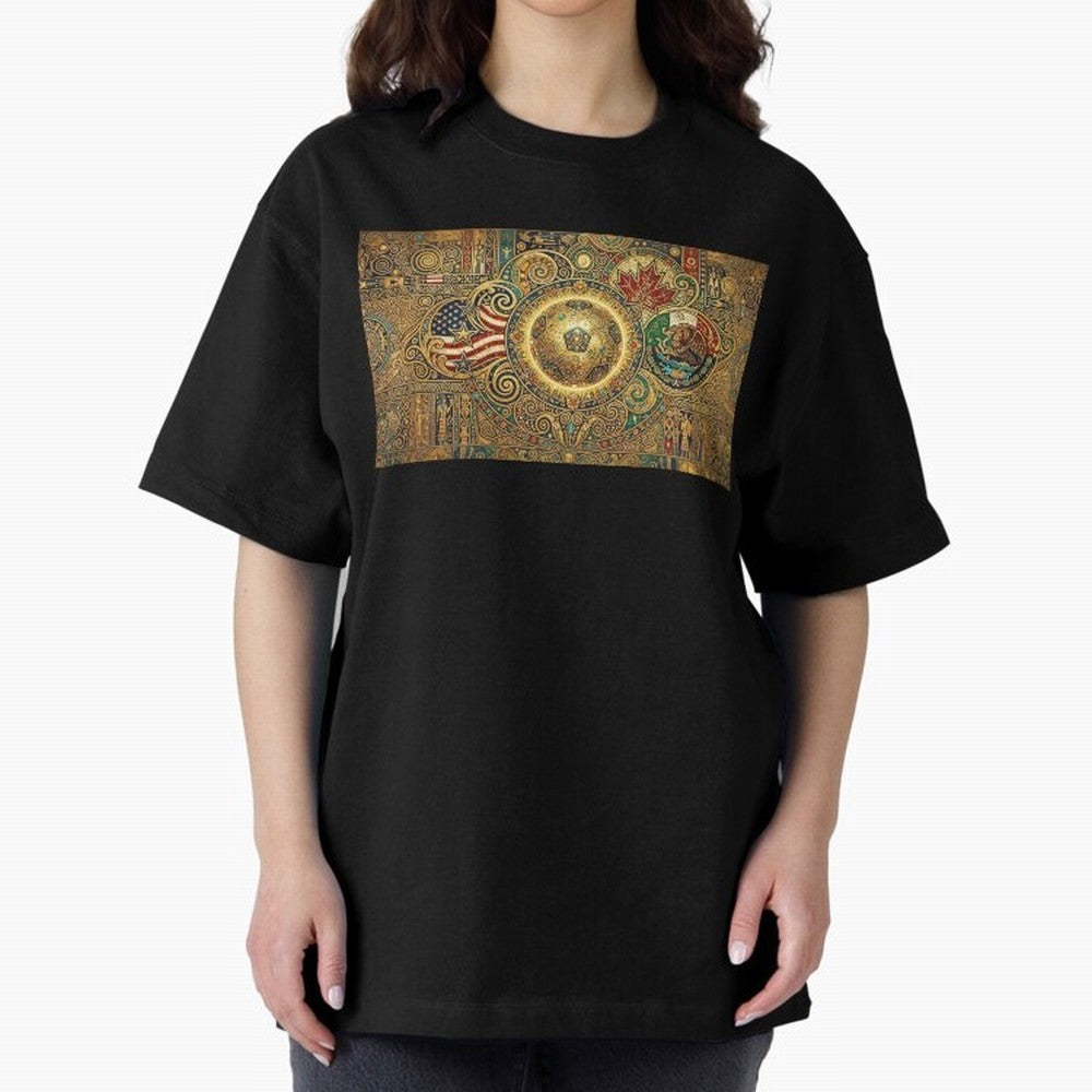Ornate Soccer Emblem with Flags Oversized T-Shirt Showcase FIFA World Cup 2026 USA Canada Mexico for Fans of Mbappe and Neymar and Netherlands, Bringing Tournament Hype, Historic Matchups, Family Viewing Parties and Global Sports Pride; Perfect for