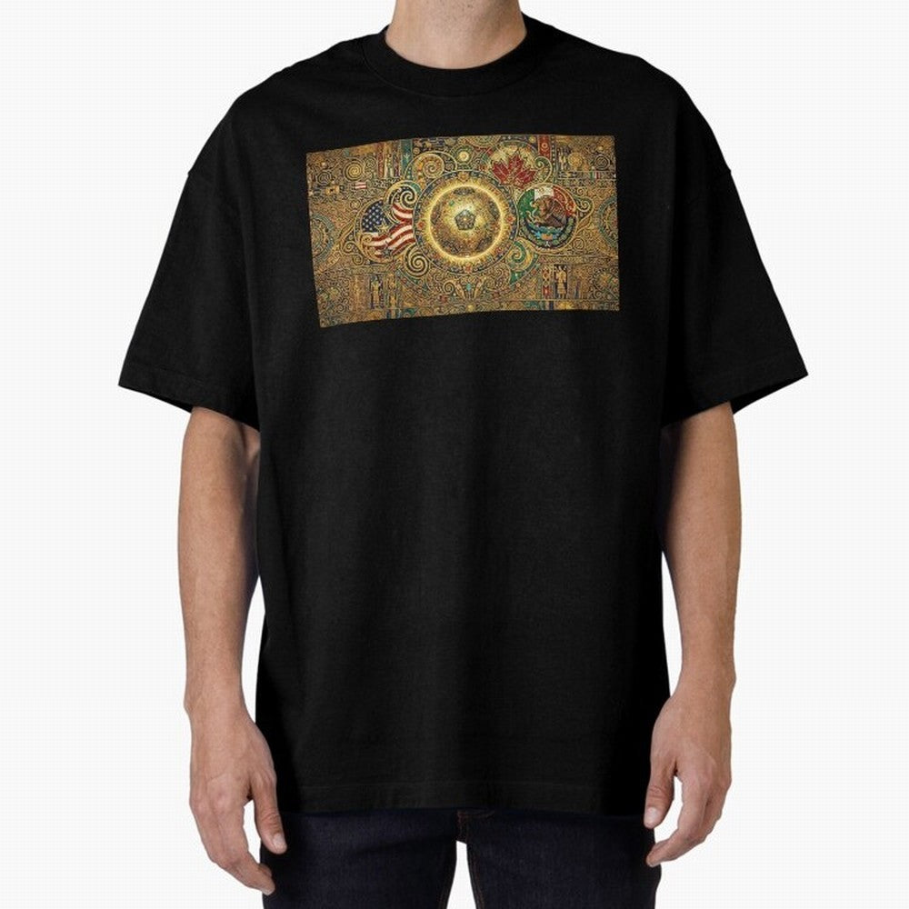 Ornate Soccer Emblem with Flags Oversized T-Shirt Showcase FIFA World Cup 2026 USA Canada Mexico for Fans of Mbappe and Neymar and Netherlands, Bringing Tournament Hype, Historic Matchups, Family Viewing Parties and Global Sports Pride; Perfect for