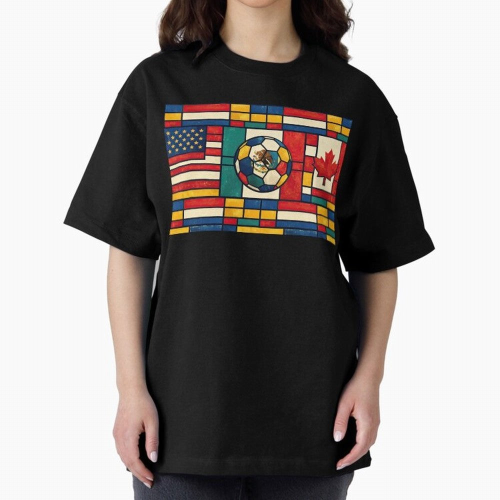 Elegant World Cup Stadiums Geometrical | Soccer Flags Mexico Canada USA Oversized T-Shirt Show Fan Pride Across the FIFA World Cup 2026 USA Canada Mexico Journey through Messi and Cristiano Ronaldo Highlights, Spain Pride, Stadium Memories,