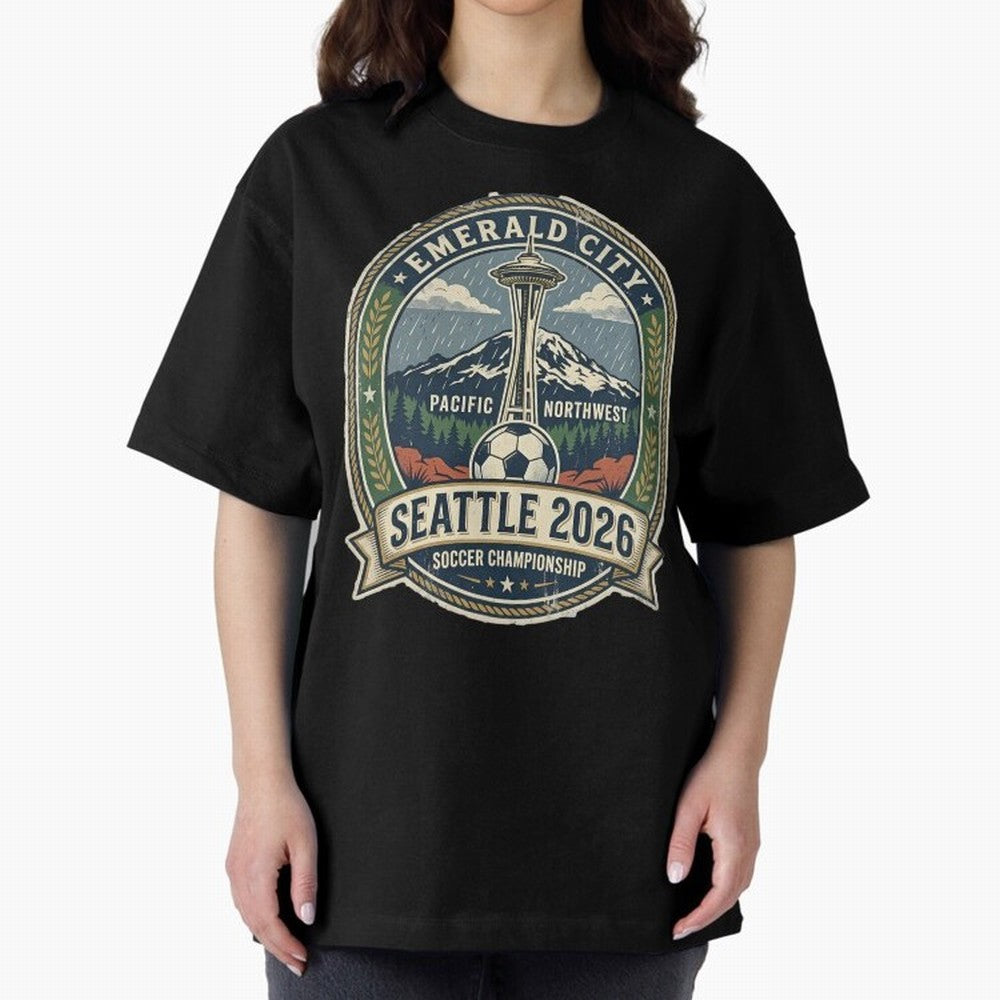 Seattle 2026 World Cup Host City Vintage Football Badge ¡ª Emerald City Space Needle Soccer Oversized T-Shirt Join the Global Buzz around Global Football Passion for FIFA World Cup 2026 USA Canada Mexico, Centered on Cristiano Ronaldo, Haaland and
