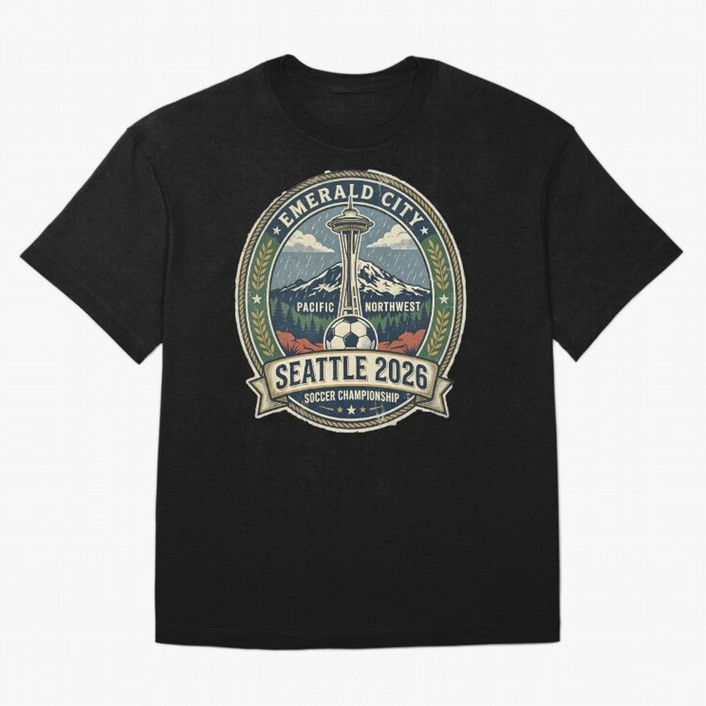 Seattle 2026 World Cup Host City Vintage Football Badge ¡ª Emerald City Space Needle Soccer Oversized T-Shirt Join the Global Buzz around Global Football Passion for FIFA World Cup 2026 USA Canada Mexico, Centered on Cristiano Ronaldo, Haaland and