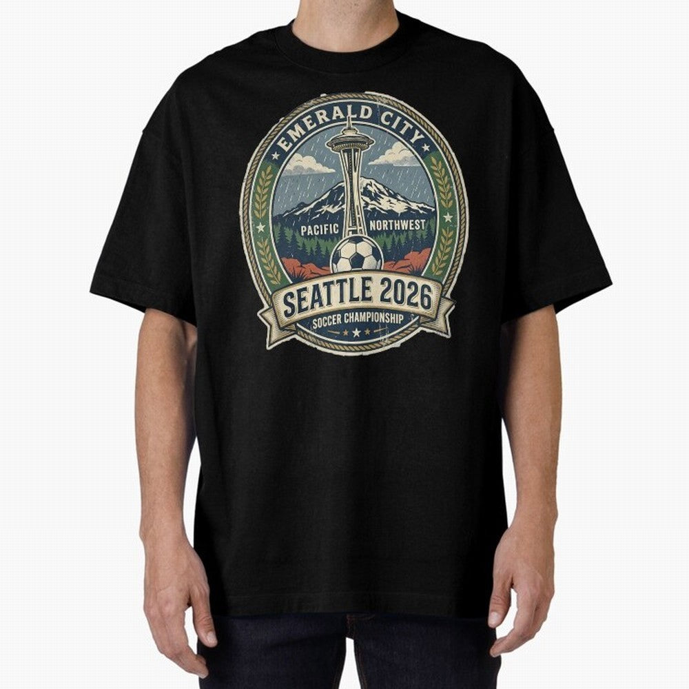 Seattle 2026 World Cup Host City Vintage Football Badge ¡ª Emerald City Space Needle Soccer Oversized T-Shirt Join the Global Buzz around Global Football Passion for FIFA World Cup 2026 USA Canada Mexico, Centered on Cristiano Ronaldo, Haaland and