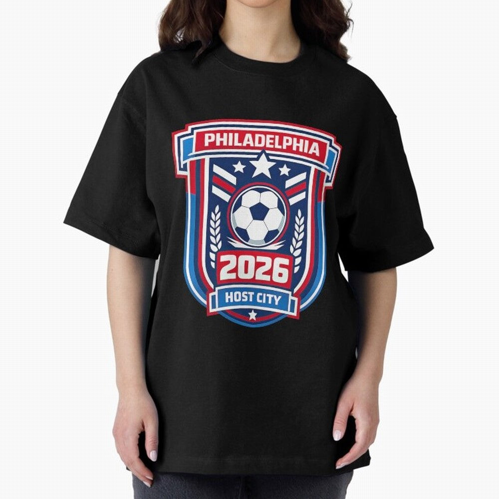 Philadelphia 2026 Soccer Host City Welcoming the World Cup Oversized T-Shirt Show Support during FIFA World Cup 2026 Group Stage for Fans of Haaland and Mbappe and England, Bringing Fan Favorite Moments, National Team Passion, Big Match Drama and