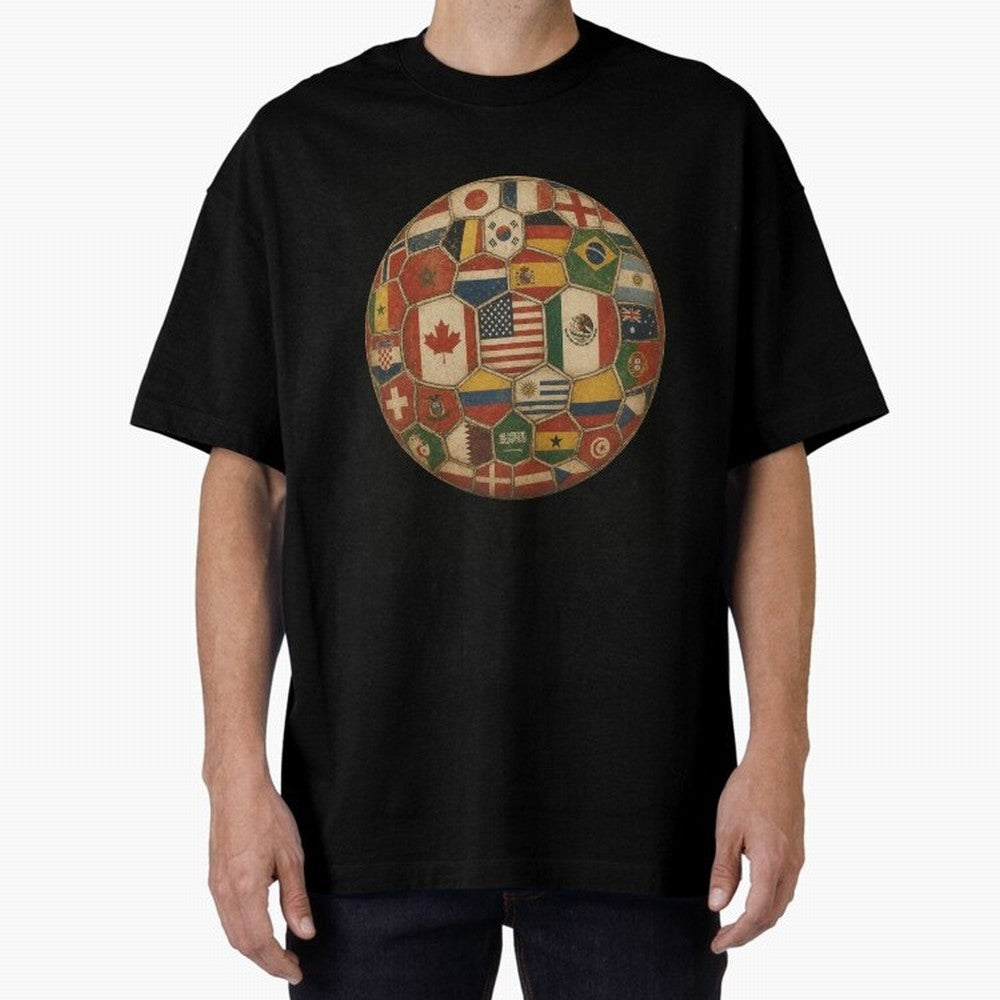 Vintage World Flags Soccer Ball,2026 International Football Graphic Gifts Tee Oversized T-Shirt Turn Up for FIFA World Cup 2026 Celebrating Neymar, England, France and Netherlands Energy, Champion Mindset, Group Stage Buzz, Knockout Tension and