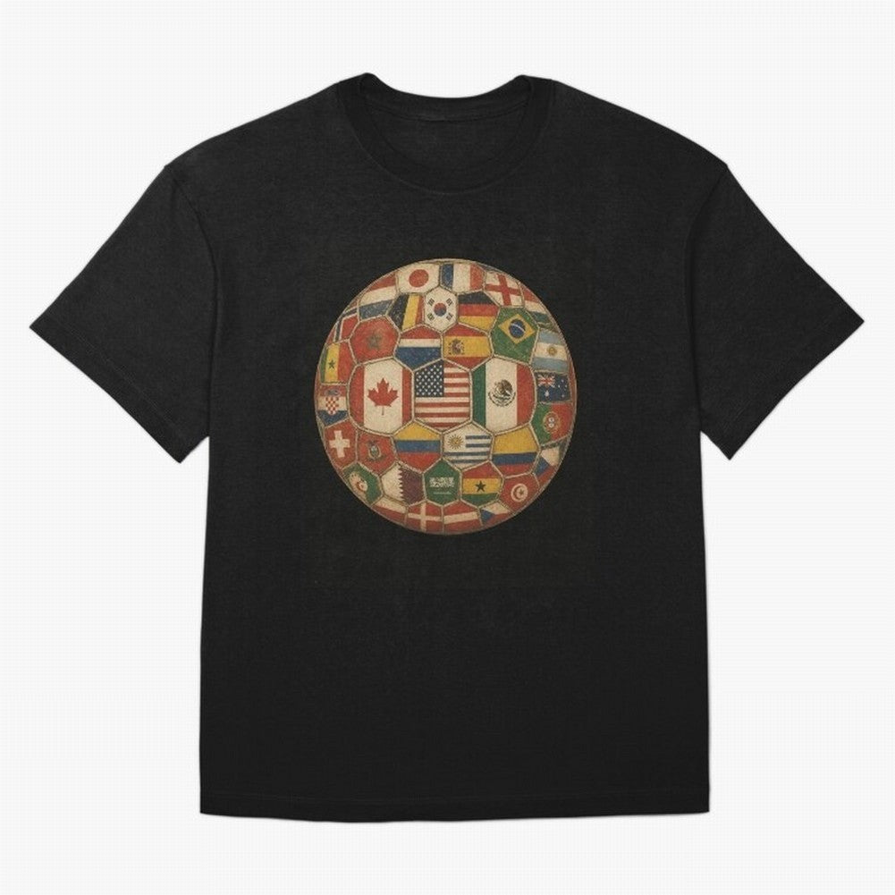 Vintage World Flags Soccer Ball,2026 International Football Graphic Gifts Tee Oversized T-Shirt Turn Up for FIFA World Cup 2026 Celebrating Neymar, England, France and Netherlands Energy, Champion Mindset, Group Stage Buzz, Knockout Tension and