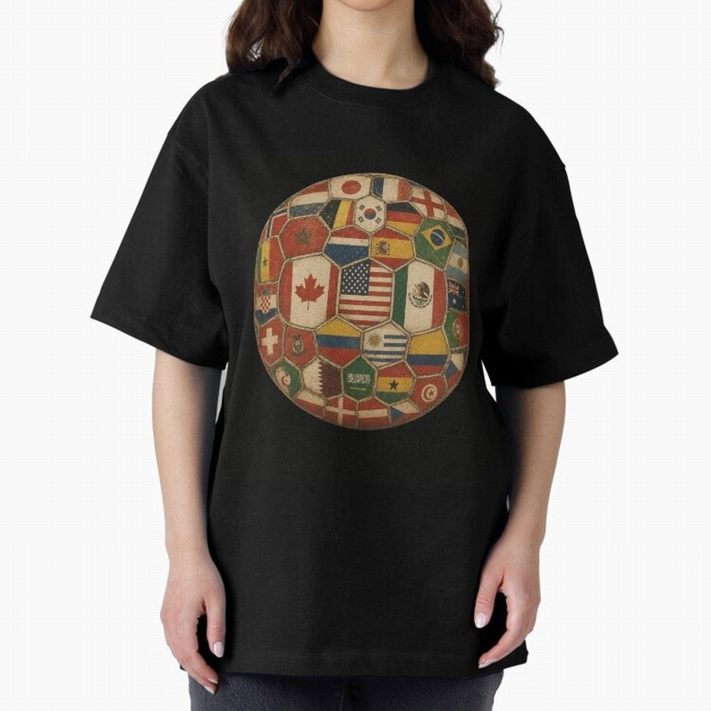 Vintage World Flags Soccer Ball,2026 International Football Graphic Gifts Tee Oversized T-Shirt Turn Up for FIFA World Cup 2026 Celebrating Neymar, England, France and Netherlands Energy, Champion Mindset, Group Stage Buzz, Knockout Tension and