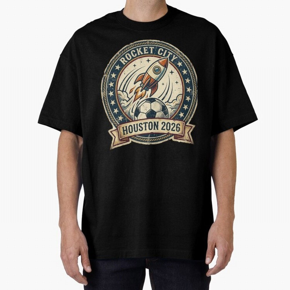 Houston 2026 World Cup Host City Vintage Football Badge ¡ª Rocket City Space Soccer Crest Design Oversized T-Shirt Join Supporters Worldwide for FIFA World Cup 2026 Group Stage for Fans of Neymar, Haaland and Cristiano Ronaldo and Argentina and