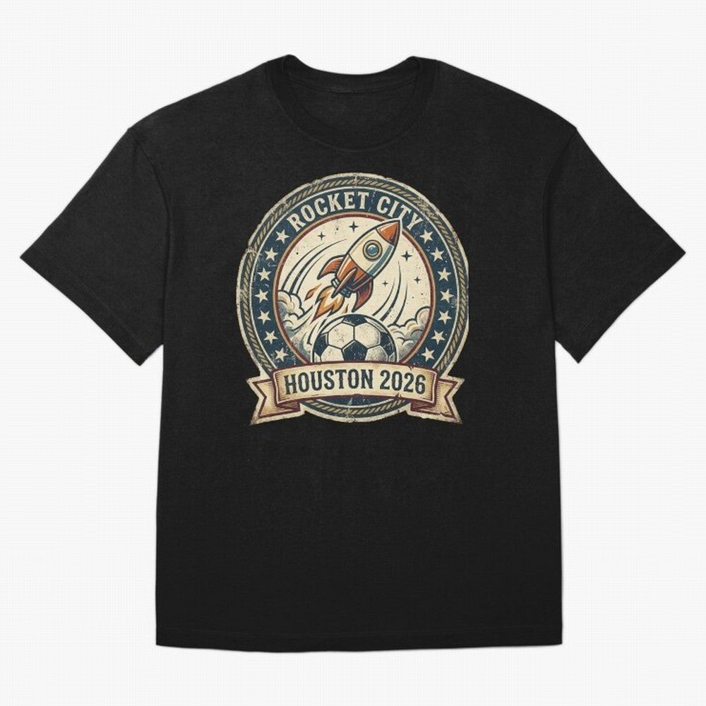 Houston 2026 World Cup Host City Vintage Football Badge ¡ª Rocket City Space Soccer Crest Design Oversized T-Shirt Join Supporters Worldwide for FIFA World Cup 2026 Group Stage for Fans of Neymar, Haaland and Cristiano Ronaldo and Argentina and