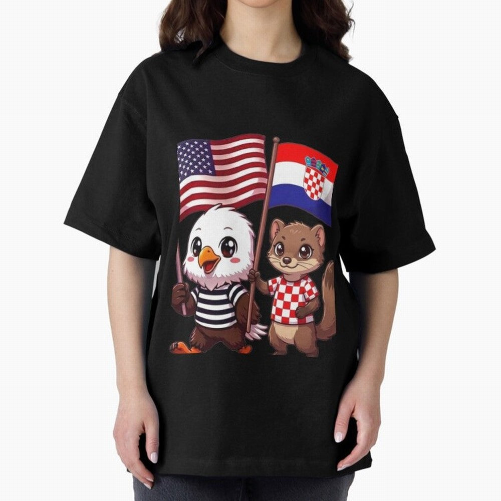 The American eagle and its friend, the Croatian marten Oversized T-Shirt Showcase Global Football Passion for FIFA World Cup 2026 USA Canada Mexico, Capturing Messi, CR7 and Mbappe, France and Portugal, Global Supporter Spirit, Legendary Goals,