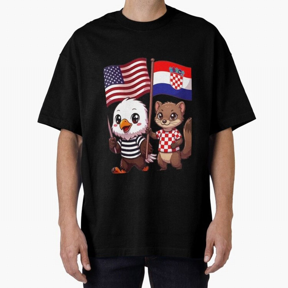 The American eagle and its friend, the Croatian marten Oversized T-Shirt Showcase Global Football Passion for FIFA World Cup 2026 USA Canada Mexico, Capturing Messi, CR7 and Mbappe, France and Portugal, Global Supporter Spirit, Legendary Goals,