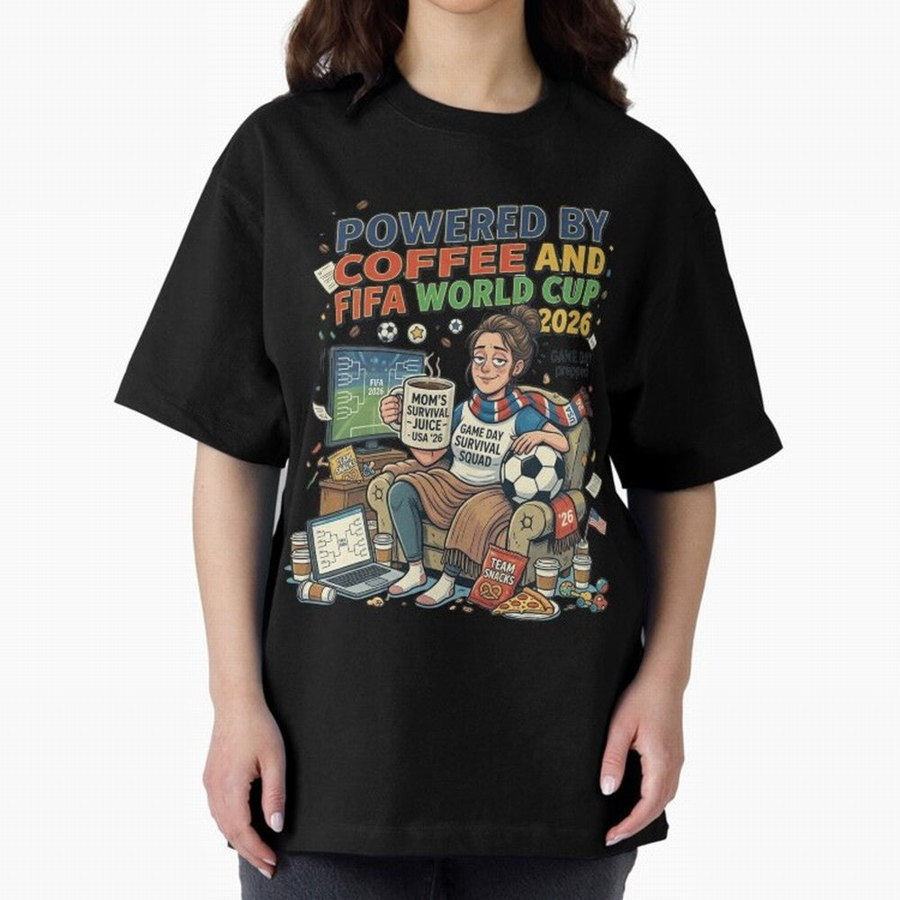 Soccer Mom Powered By Coffee And FIFA World Cup 2026 Funny USA Football Design Oversized T-Shirt Show Passion for the Stars of FIFA World Cup 2026 Group Stage Spirit, Capturing France and Portugal, Messi and Cristiano Ronaldo, Soccer Culture,