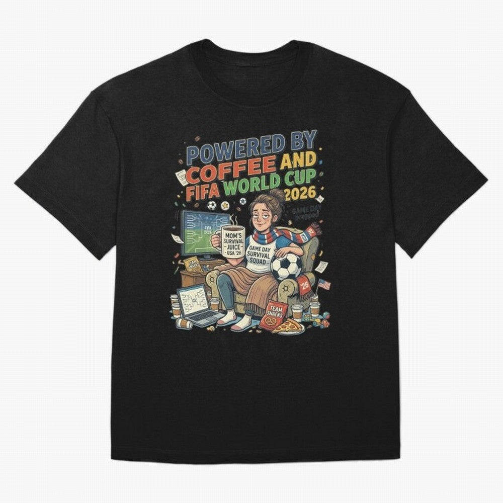 Soccer Mom Powered By Coffee And FIFA World Cup 2026 Funny USA Football Design Oversized T-Shirt Show Passion for the Stars of FIFA World Cup 2026 Group Stage Spirit, Capturing France and Portugal, Messi and Cristiano Ronaldo, Soccer Culture,
