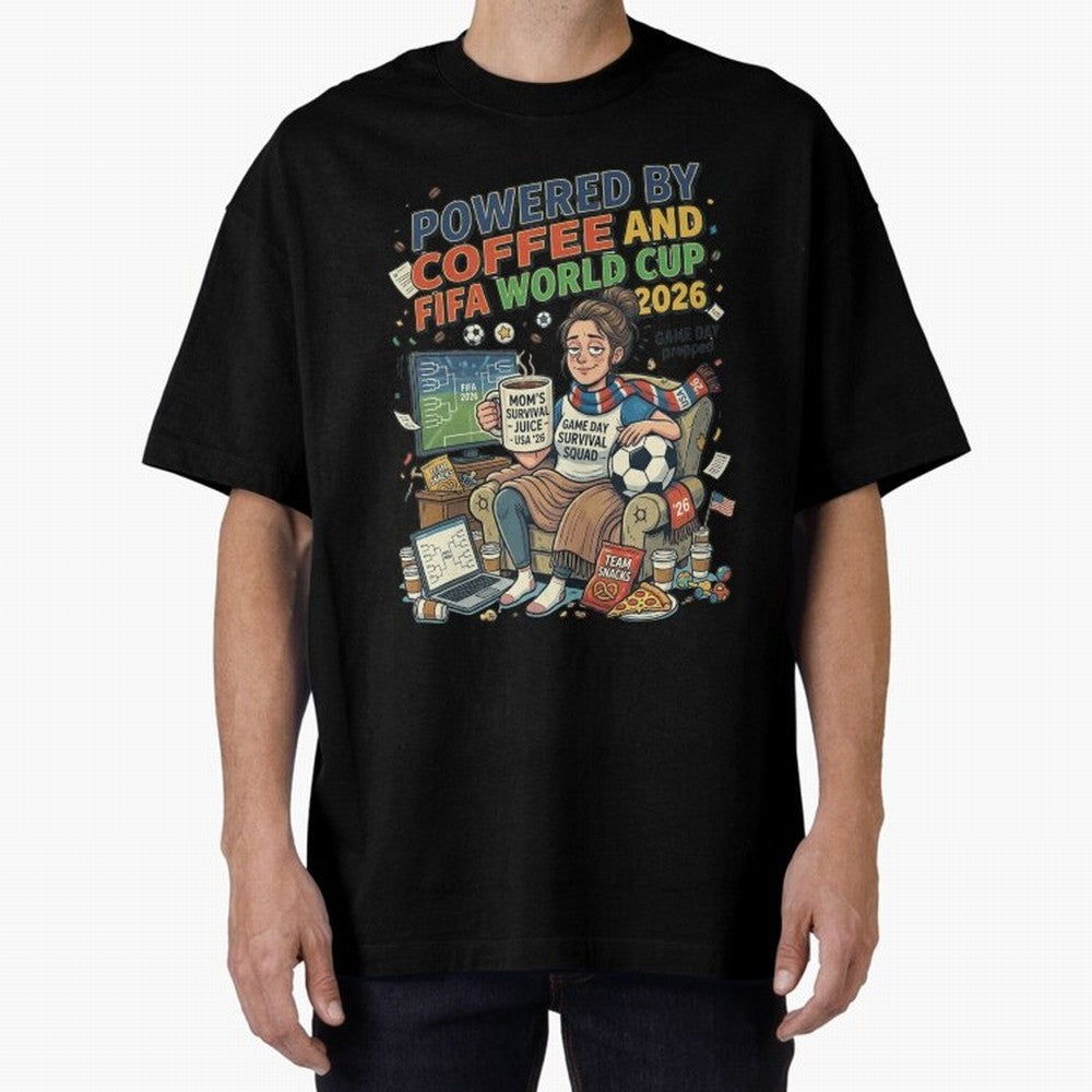 Soccer Mom Powered By Coffee And FIFA World Cup 2026 Funny USA Football Design Oversized T-Shirt Show Passion for the Stars of FIFA World Cup 2026 Group Stage Spirit, Capturing France and Portugal, Messi and Cristiano Ronaldo, Soccer Culture,