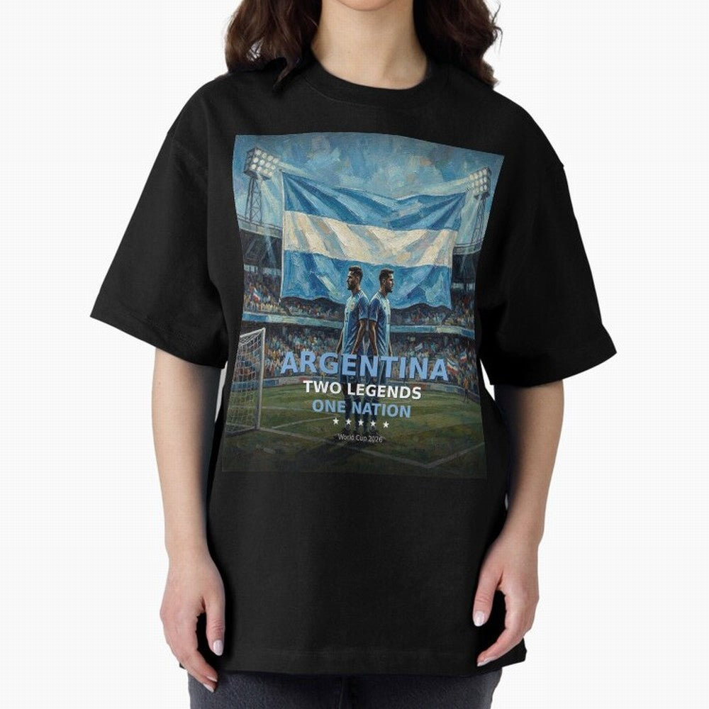 Argentina Two Legends One Nation - World Cup 2026 Soccer Fan Tee Oversized T-Shirt Enjoy the Biggest Football Party of FIFA World Cup 2026 Group Stage for Fans of Cristiano Ronaldo and Portugal, Spain and Germany, Bringing Worldwide Fan Energy,