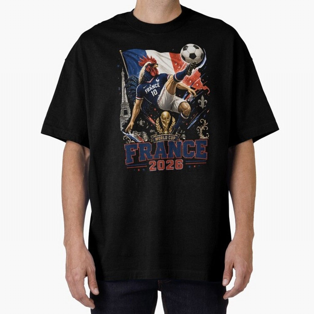 France Football World Cup 2026 Retro Rooster Kick - Les Bleus Oversized T-Shirt Celebrate Golden Goal Energy in FIFA World Cup 2026 Group Stage for Fans of Messi and France and Portugal, Bringing Sports Nostalgia, International Competition, Famous