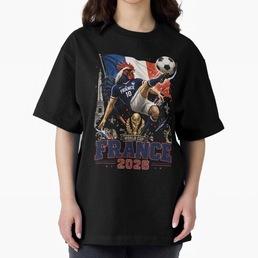 France Football World Cup 2026 Retro Rooster Kick - Les Bleus Oversized T-Shirt Celebrate Golden Goal Energy in FIFA World Cup 2026 Group Stage for Fans of Messi and France and Portugal, Bringing Sports Nostalgia, International Competition, Famous