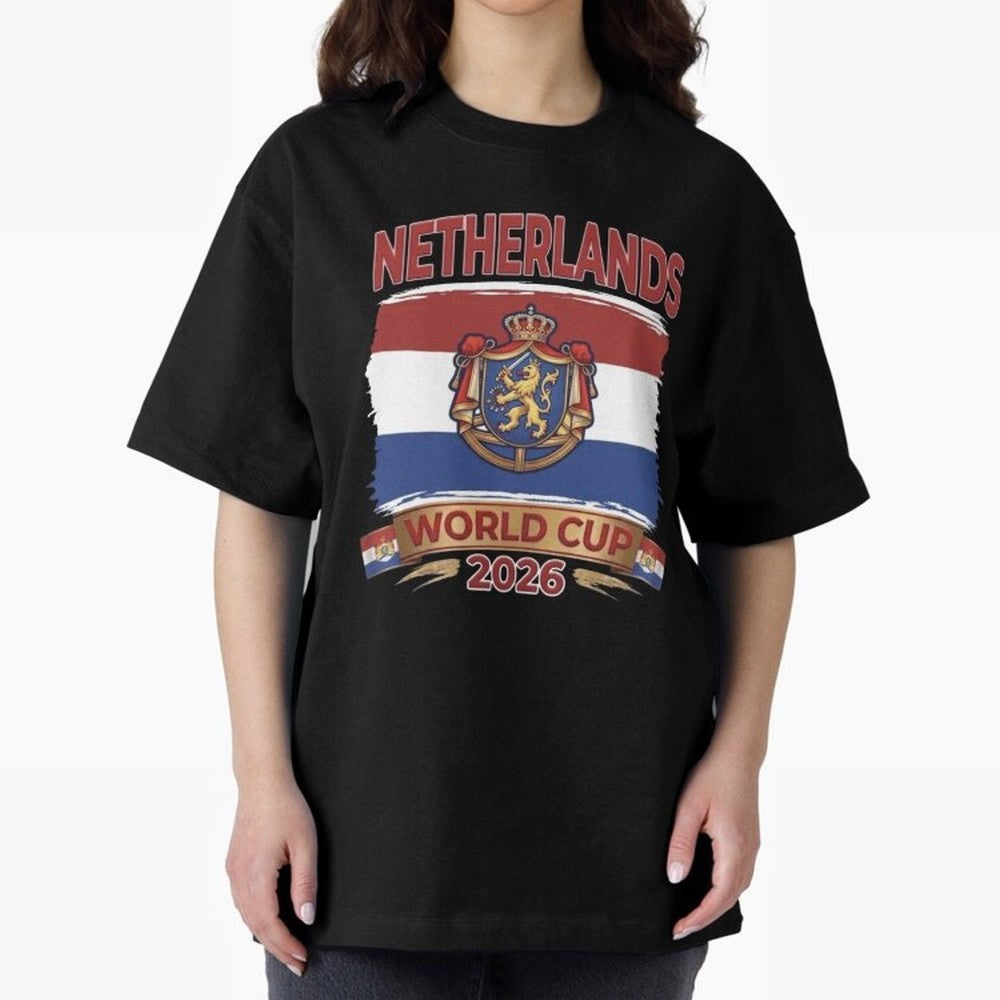 Netherlands World Cup 2026 Coat of Arms Football Design Oversized T-Shirt Bring Global Football Passion for FIFA World Cup 2026, Featuring CR7, Brazil, Goal Celebration Energy, Supporter Heritage, Football Icons and Worldwide Tournament Joy; Made