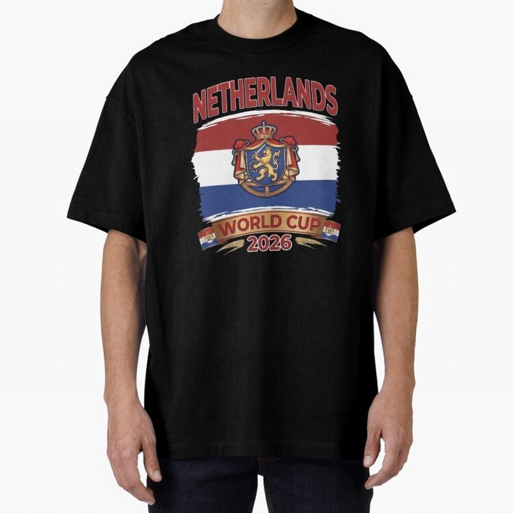 Netherlands World Cup 2026 Coat of Arms Football Design Oversized T-Shirt Bring Global Football Passion for FIFA World Cup 2026, Featuring CR7, Brazil, Goal Celebration Energy, Supporter Heritage, Football Icons and Worldwide Tournament Joy; Made