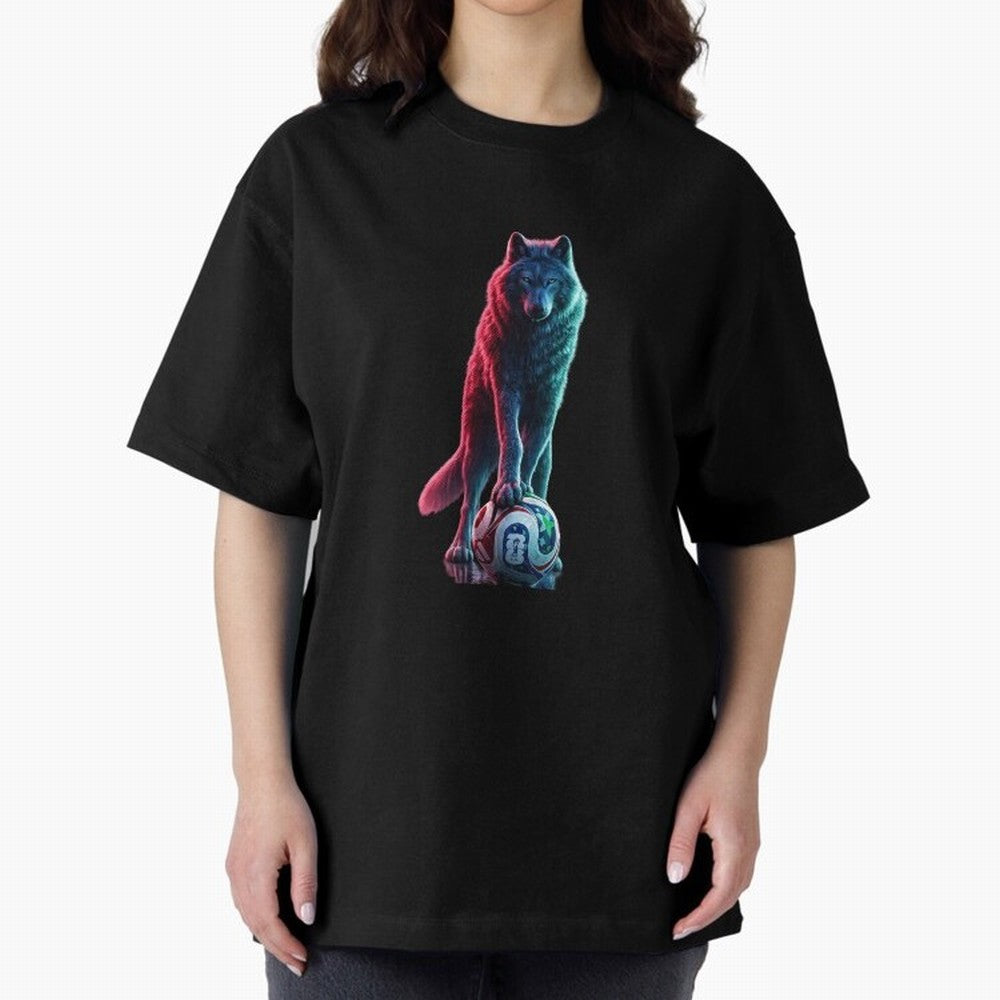 Neon Alpha Wolf with Soccer Ball | Futuristic Sports Fantasy Art Oversized T-Shirt Fuel Your Fan Pride for FIFA World Cup 2026 Spirit, Centered on England, CR7, Classic Soccer Heritage, Championship Pressure, Fan Loyalty and International Pride;