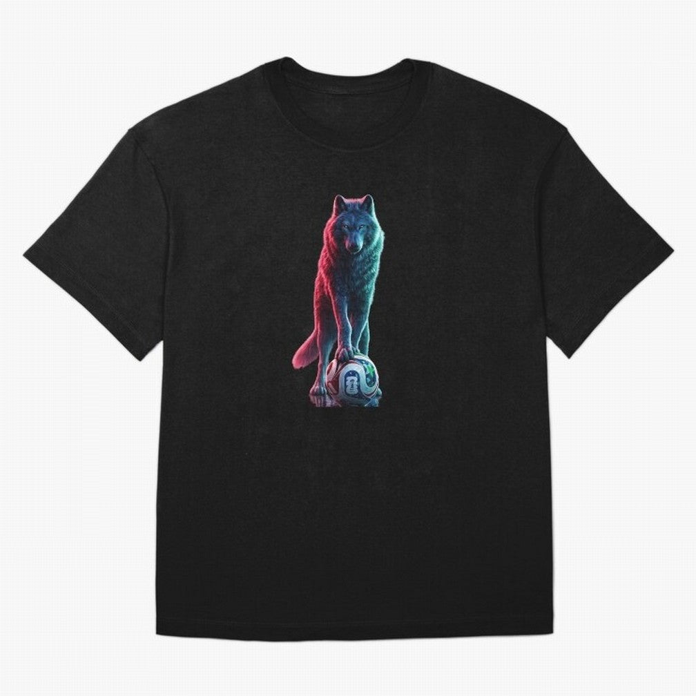 Neon Alpha Wolf with Soccer Ball | Futuristic Sports Fantasy Art Oversized T-Shirt Fuel Your Fan Pride for FIFA World Cup 2026 Spirit, Centered on England, CR7, Classic Soccer Heritage, Championship Pressure, Fan Loyalty and International Pride;