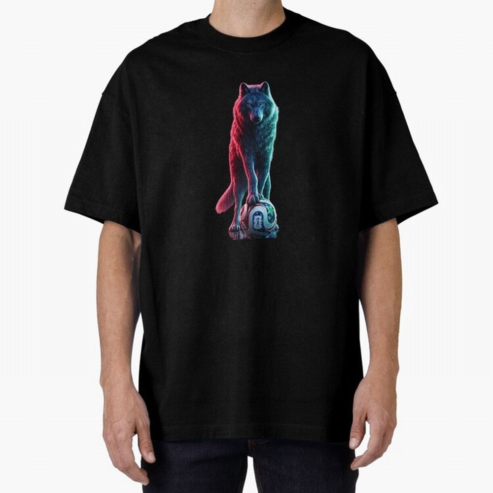 Neon Alpha Wolf with Soccer Ball | Futuristic Sports Fantasy Art Oversized T-Shirt Fuel Your Fan Pride for FIFA World Cup 2026 Spirit, Centered on England, CR7, Classic Soccer Heritage, Championship Pressure, Fan Loyalty and International Pride;