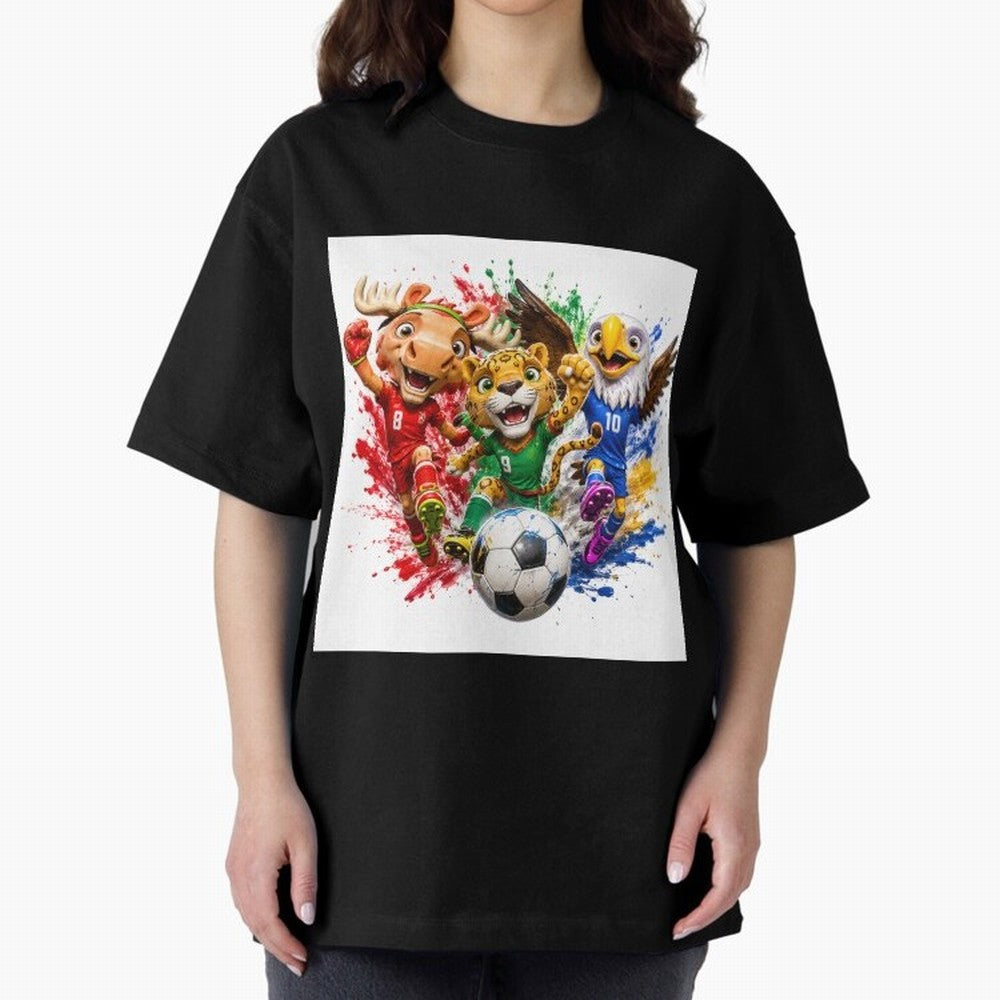 World Football Mascots ¨C Ultimate Soccer Fan Cartoon Design Oversized T-Shirt Mark Match Day Hype around FIFA World Cup 2026 Group Stage, Messi, Brazil, Game Day Rituals, Football Legends, Country Pride and the Road to the Final; Created for Match